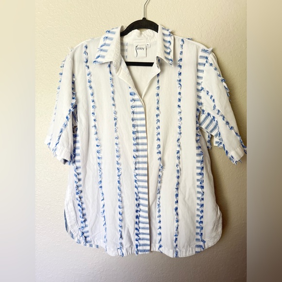 Finley Tops - FINLEY | white cotton button top blouse with blue fringe detail | sz XL